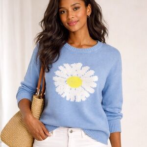 Tribal Petite Small Autumn Daisy Embroidered Knit Sweater 100% Cotton